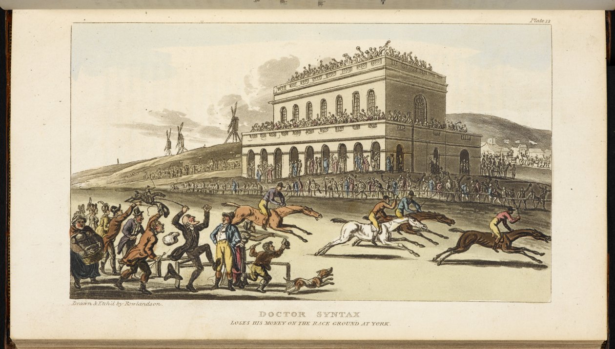 Doctor Syntax, mister pengene sine på racerbanen i York av Thomas Rowlandson
