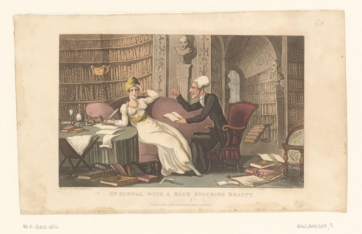Doktor Syntax sammen med en kvinne i et bibliotek av Thomas Rowlandson