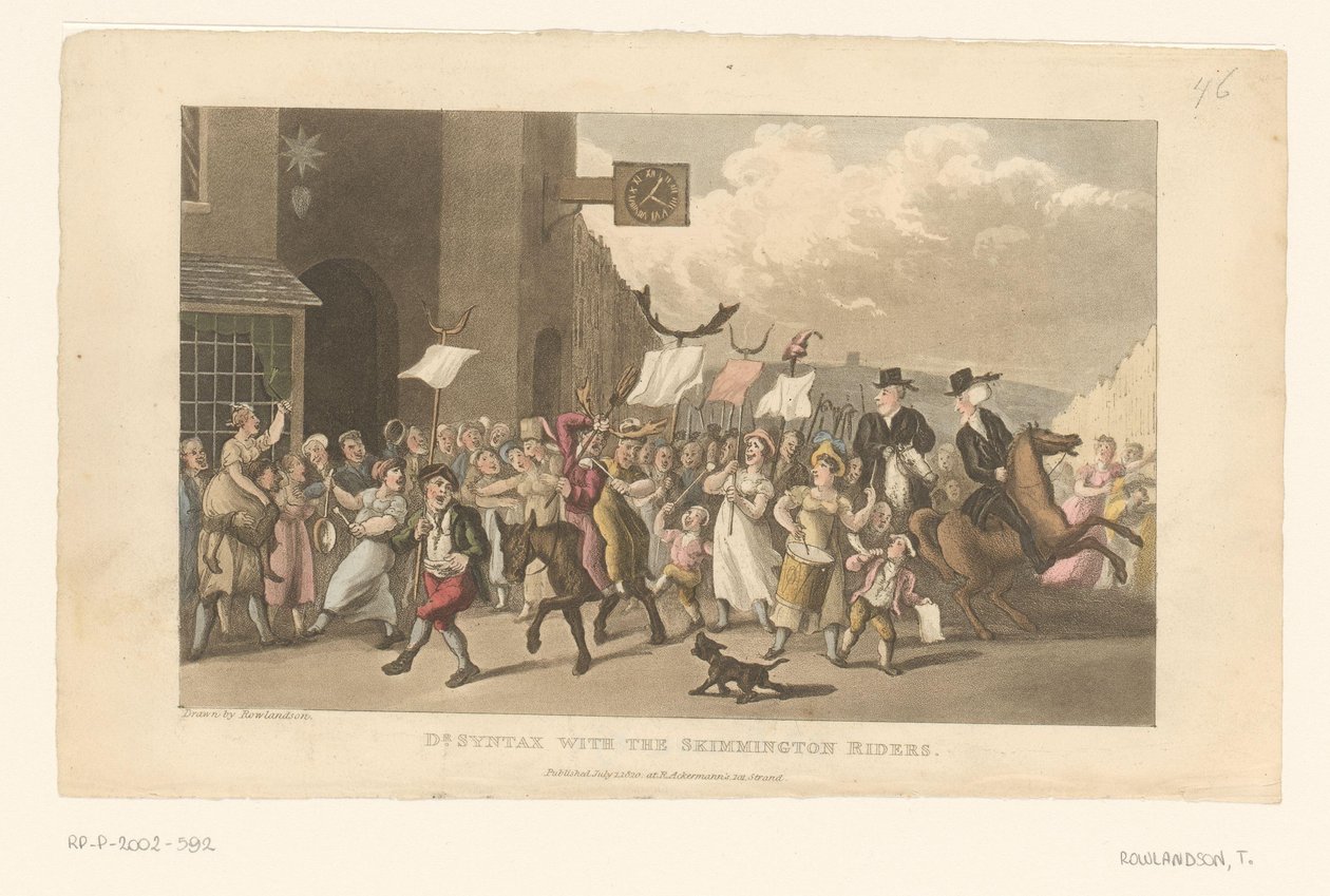 Doktor Syntax rir på hesten sin og deltar i et charivari av Thomas Rowlandson
