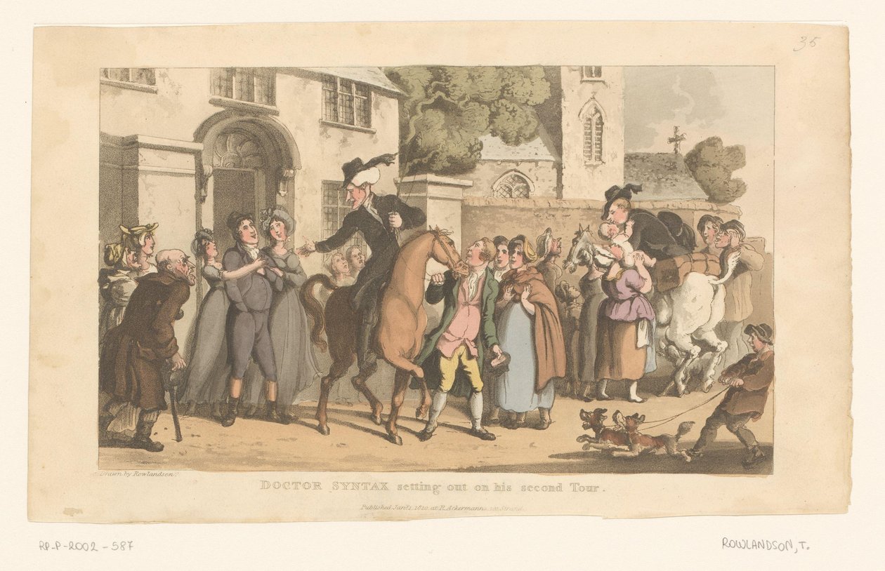 Doktor Syntax rir ut av landsbyen på hesten sin av Thomas Rowlandson