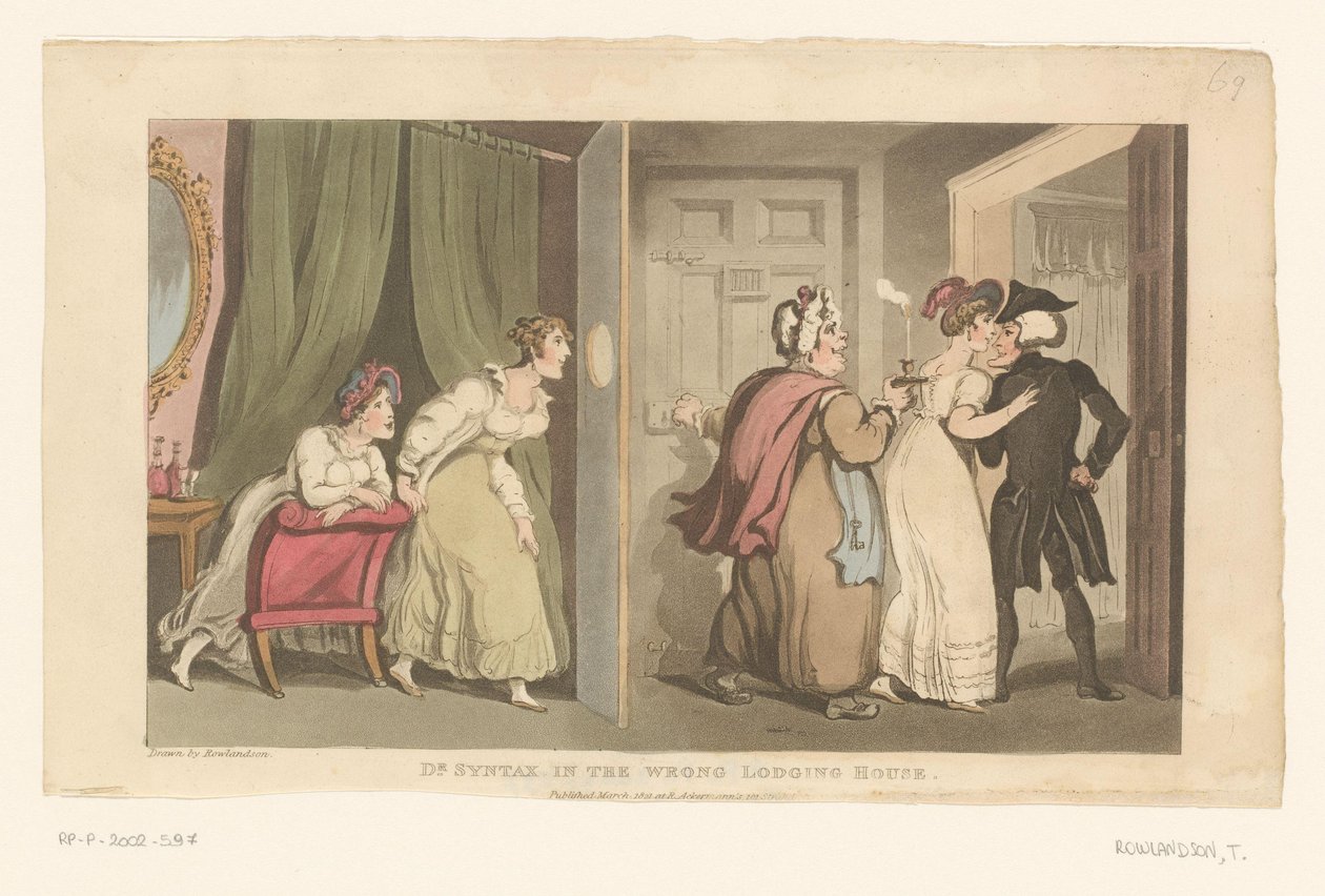 Doctor Syntax blir ført gjennom en dør av to kvinner av Thomas Rowlandson
