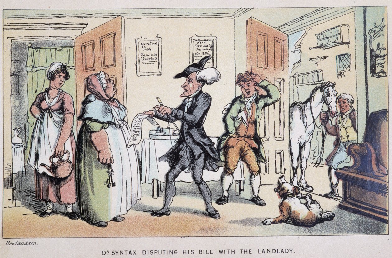 Lege som bestrider en regning (på et hotell?) - i "" Doctor Syntax sine tre turer: på jakt etter den pittoreske trøsten og en kone"" av William Combe, ill. Rowlandson av Thomas Rowlandson