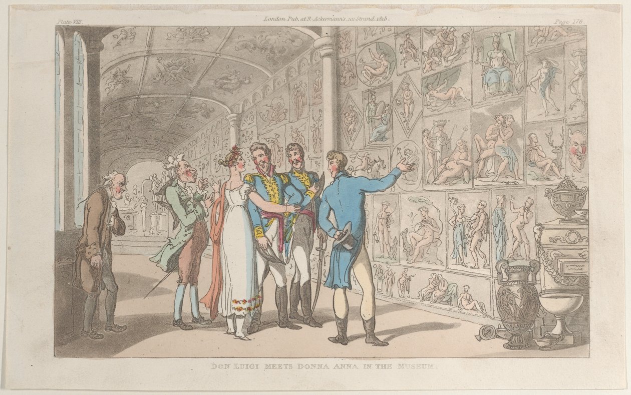 Don Luigi møter Donna Anna i museet, fra Napoli og Campagna Felice: i..., 1. juni 1815. av Thomas Rowlandson