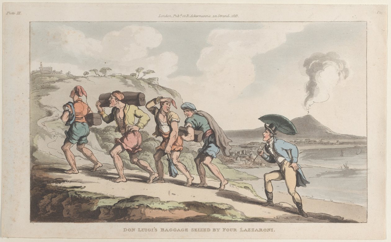 Don Luigis bagasje beslaglagt av fire Lazzaroni, fra Napoli og Campagna Felice..., 1. juni 1815. av Thomas Rowlandson