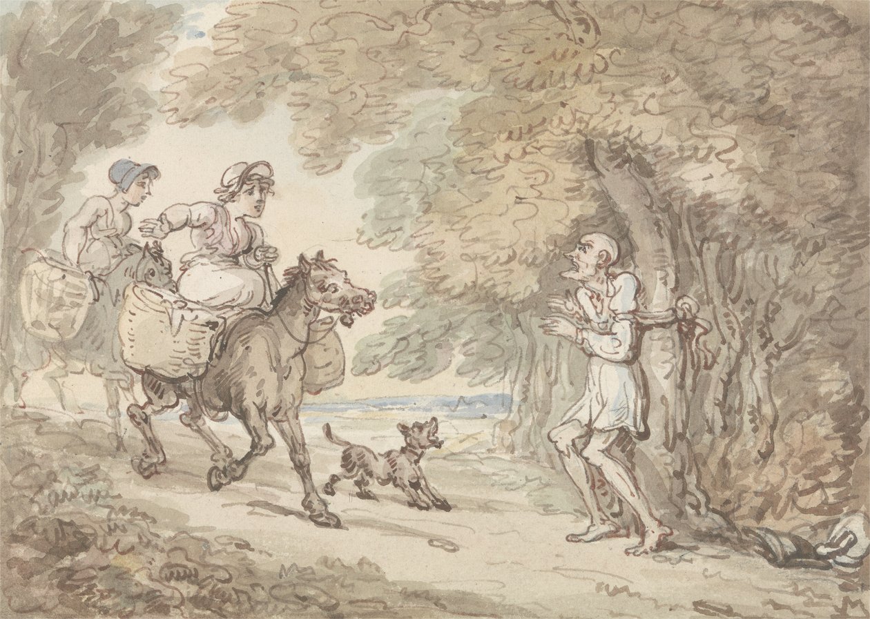 Dr Syntax bundet til et tre av Highwaymen (akvarell med penn og blekk på papir) av Thomas Rowlandson