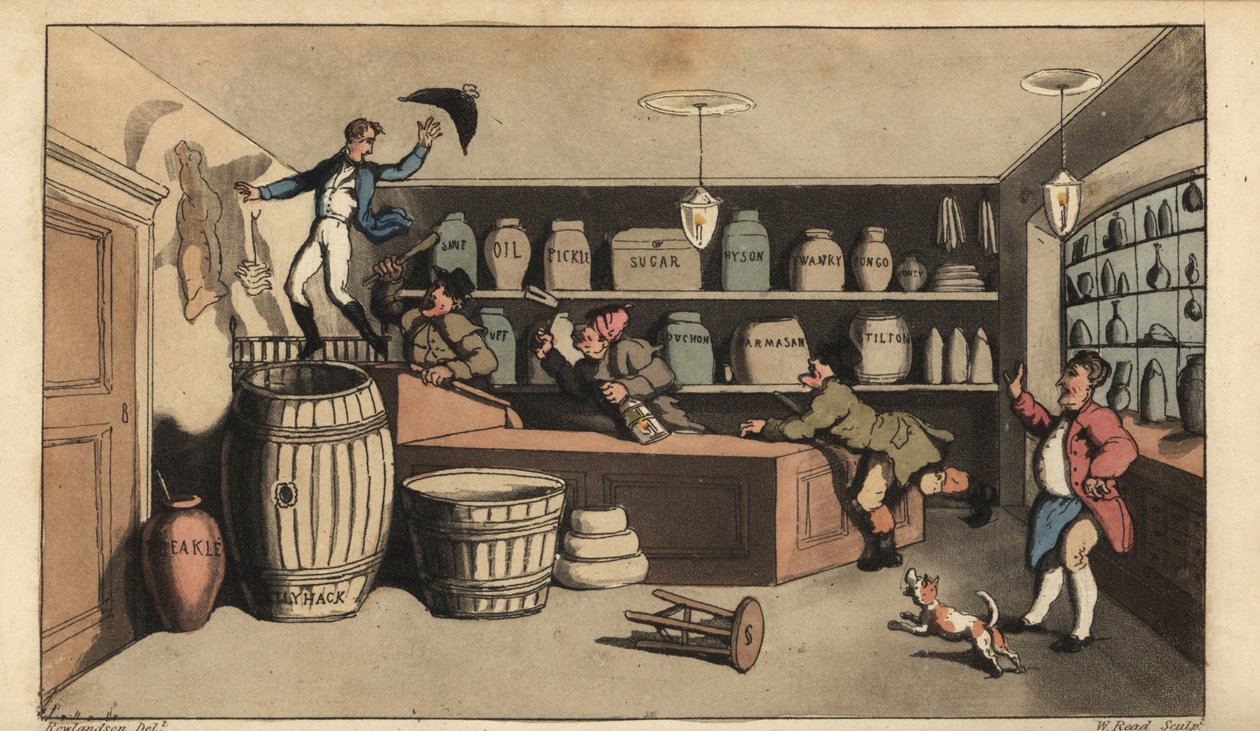 Full Johnny forfulgt av nattevakter i en butikk som var i ferd med å falle ned i en tønne med smør. Håndfarget kobberstikk av W. Lest etter en illustrasjon av Thomas Rowlandson fra Alfred Burtons The Adventures of Johnny Newcombe in the Navy, Si av Thomas Rowlandson