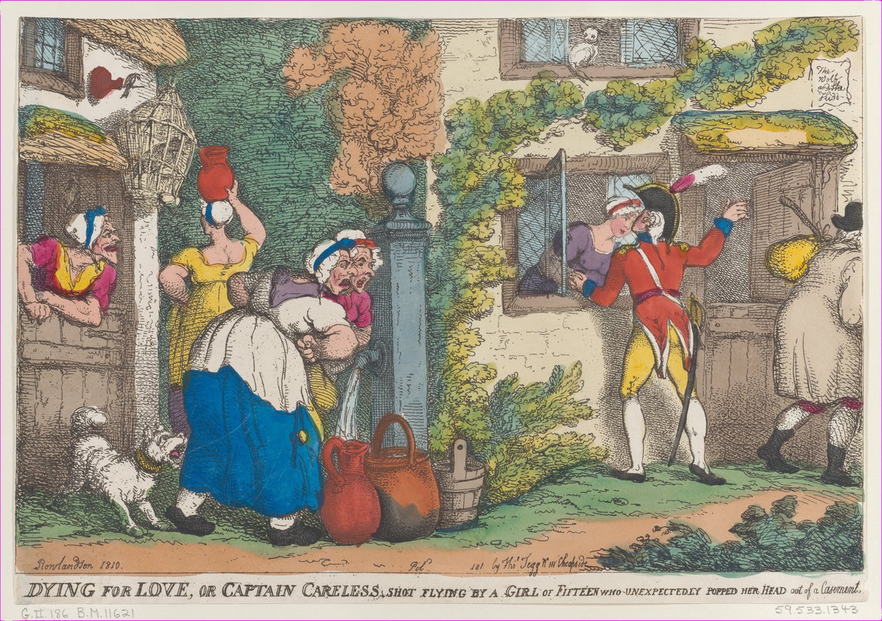 Dying for Love, eller Captain Careless, Shot Flying av en jente på femten som uventet dukker opp..., 1810. av Thomas Rowlandson
