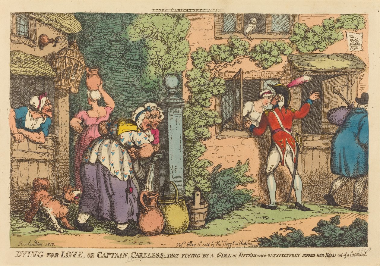 Dying for Love, eller kaptein Careless skutt flyvende av en jente på femten, som uventet spratt hodet ut av en kasse av Thomas Rowlandson