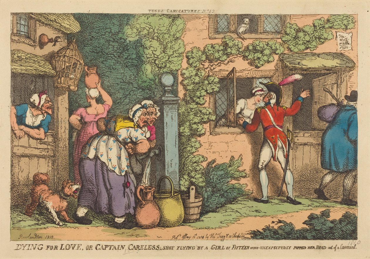 «Dying for Love», eller «Kaptein Careless ble skutt ned av en femtenåring som uventet stakk hodet ut av et vindu» av Thomas Rowlandson