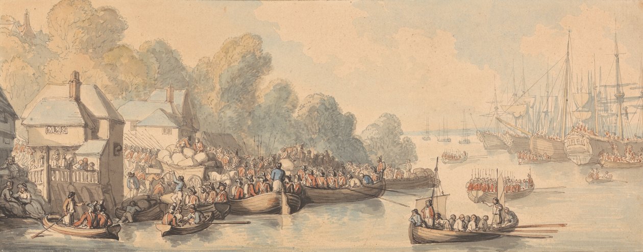Ombordstigning i Southampton, 20. juni 1794 (akvarell og penn og brunt, grått og rødbrunt blekk over grafitt på middels, lett strukturert, kremvevd papir) av Thomas Rowlandson