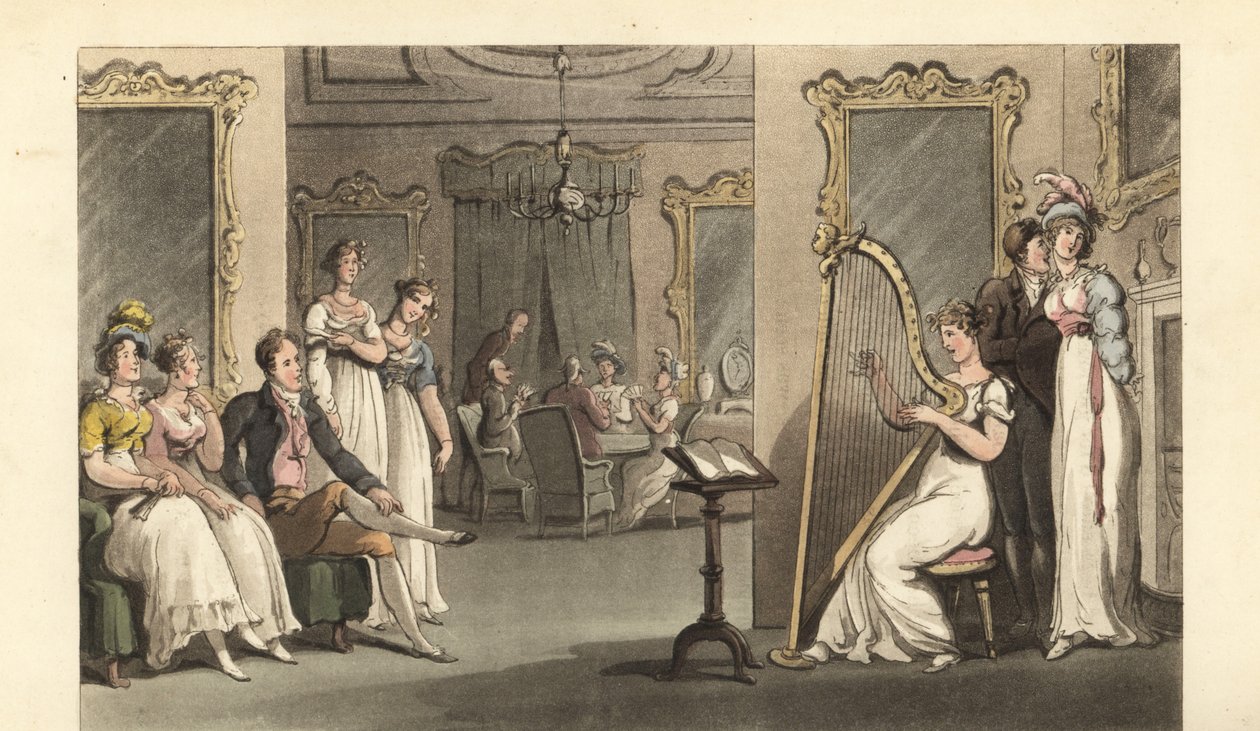 Engelsk herremann og damer som lytter til en harpist på et ball av Thomas Rowlandson