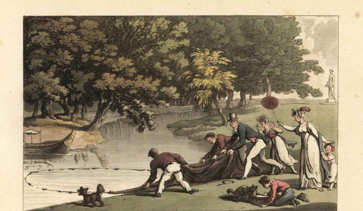 Engelsk herremann og ansatte som fisker i en elv av Thomas Rowlandson