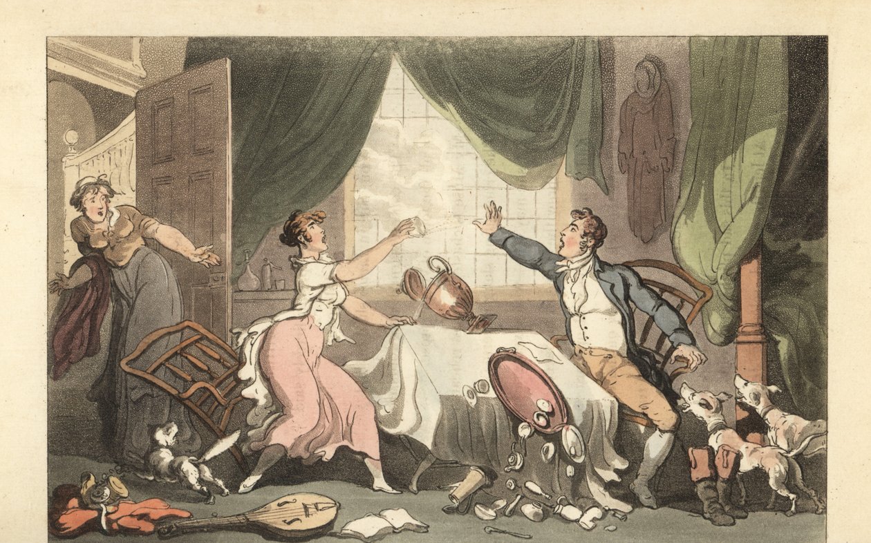 Engelsk gentleman krangler med sin kone om penger av Thomas Rowlandson