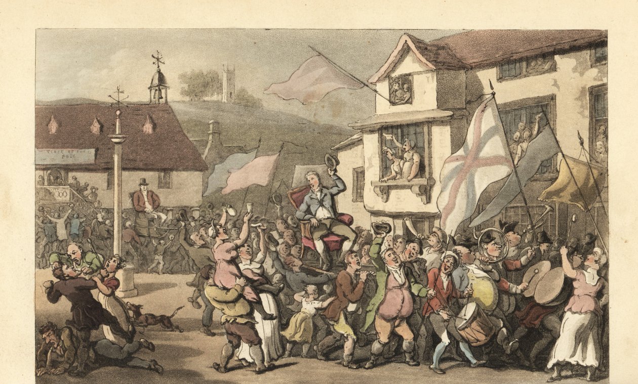 Engelsk gentleman båret i en sedanstol til et valg av Thomas Rowlandson