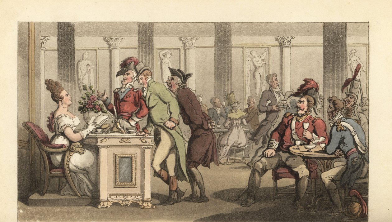 Engelsk gentleman flørter med Fair Limonadiere på en kafé i paris av Thomas Rowlandson
