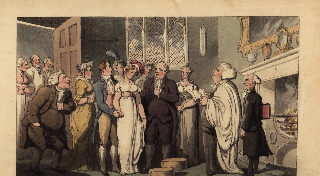 Engelsk herremann som gifter seg med bruden sin i et herskapelig hjem av Thomas Rowlandson