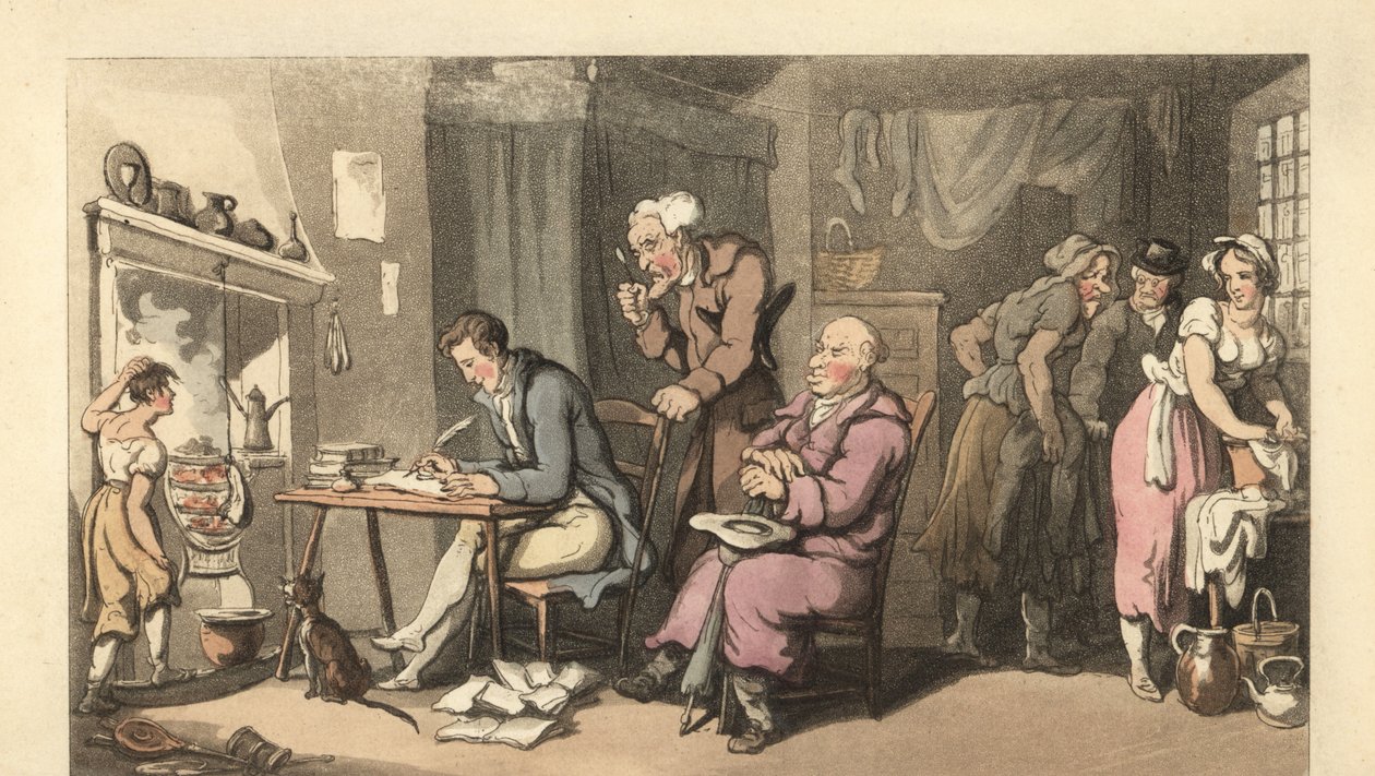 Engelsk herre som skriver et tiggerbrev i en nedslitt salong av Thomas Rowlandson