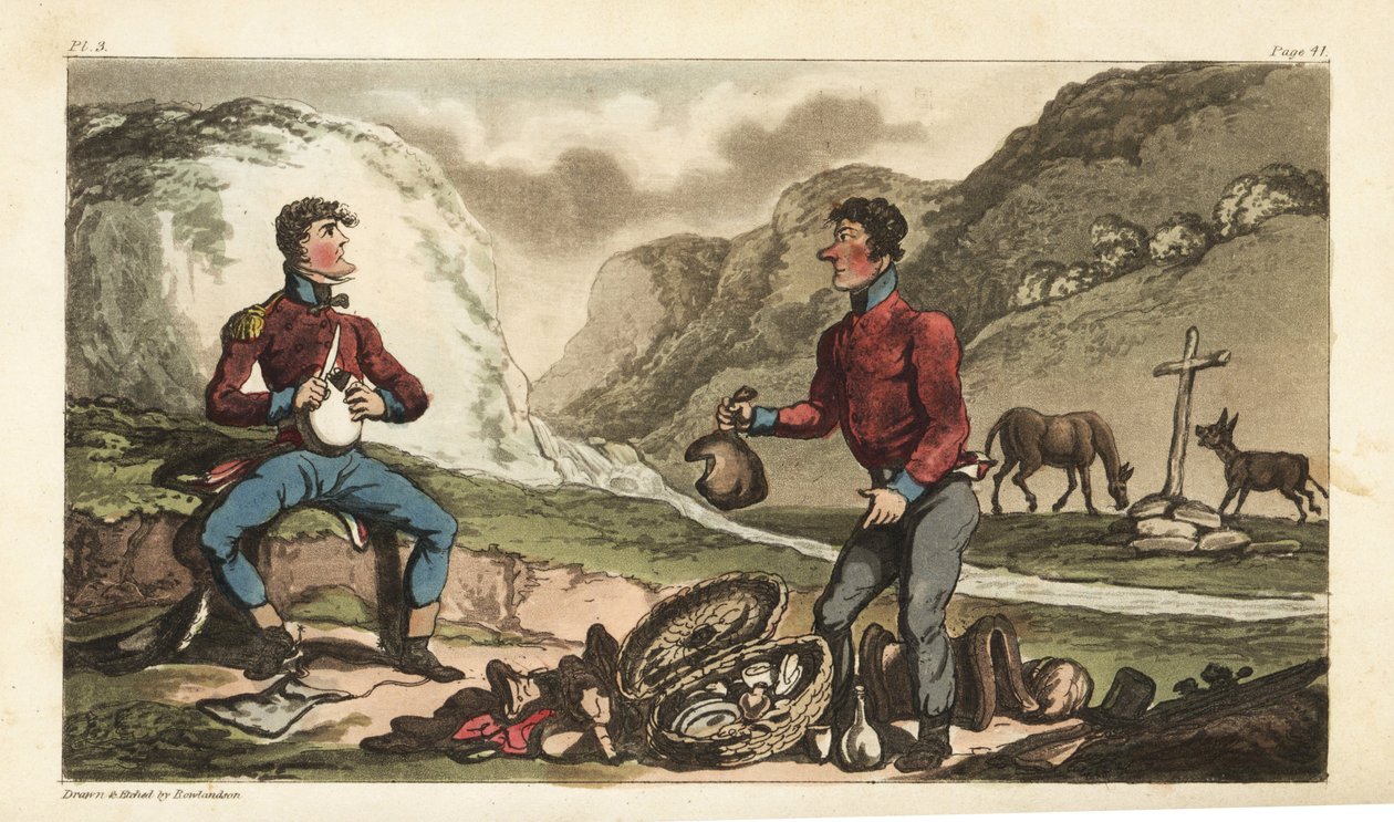 Ensign Johnny Newcome og hans Subaltern spiser frokost med skinke, biff, kjeks og konjakk i en veikant i Portugal. Håndfarget kobberstikk tegnet og etset av Thomas Rowlandson fra oberst David Roberts