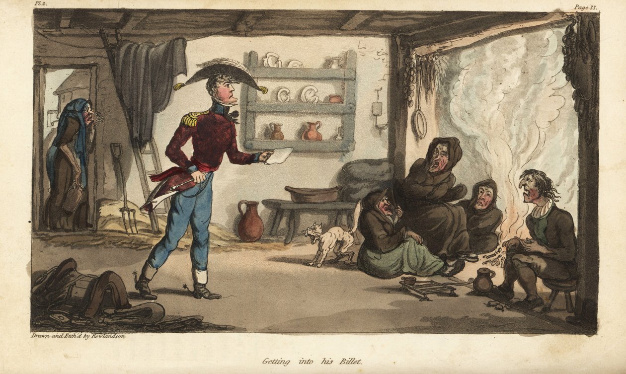 Fenrik Johnny Newcome ankommer billetten til Subalternter i Portugal, en by med skitne tiggere. Håndfarget kobberstikk tegnet og etset av Thomas Rowlandson fra oberst David Roberts