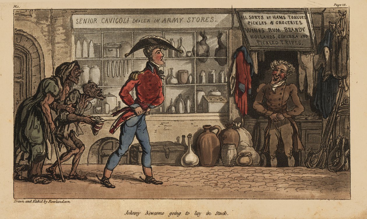 Ensign Johnny Newcome kjøper overprisede forsyninger fra Senor Cavigoles avkjøringsbutikk i Lisboa, Portugal. Håndfarget kobberstikk tegnet og etset av Thomas Rowlandson fra oberst David Roberts
