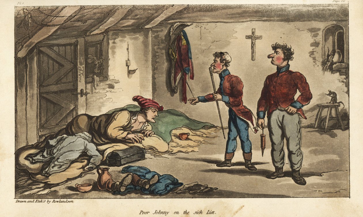 Fenrik Johnny Newcome har dysenteri på billetten i Medina, Spania. Håndfarget kobberstikk tegnet og etset av Thomas Rowlandson fra oberst David Roberts' The Military Adventures of Johnny Newcome, Martin, London av Thomas Rowlandson