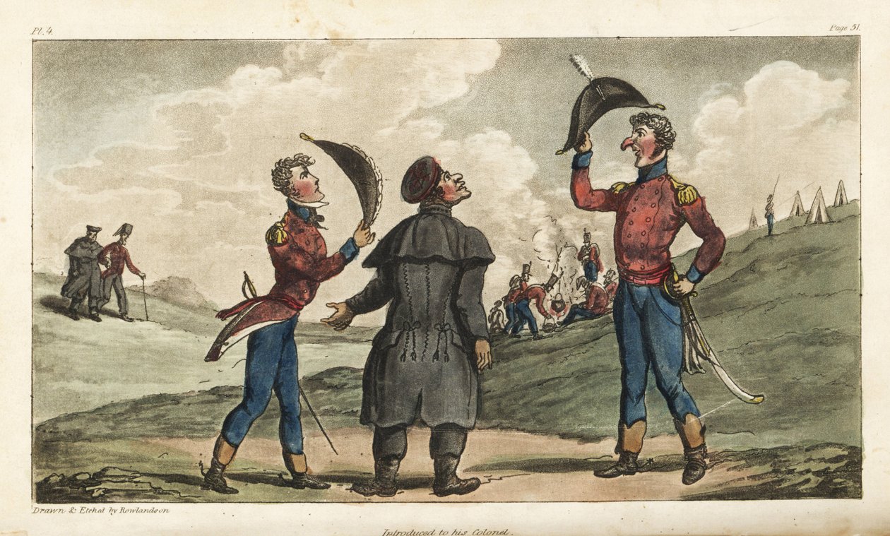 Fenrik Johnny Newcome introduserte for obersten i hans regiment før slaget ved Salamanca. Håndfarget kobberstikk tegnet og etset av Thomas Rowlandson fra oberst David Roberts