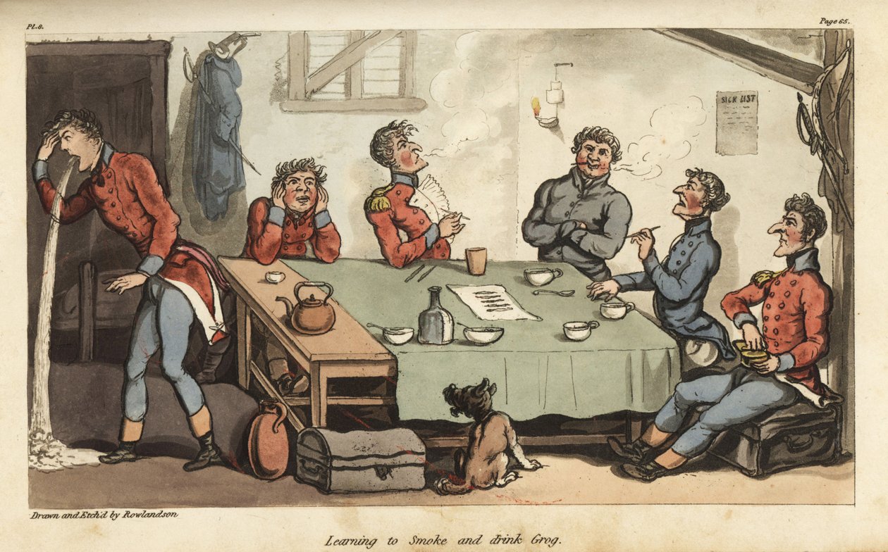 Ensign Johnny Newcome lærer å røyke sigarer og drikke grog sammen med andre offiserer. Røyker for mye og kaster opp ved bordet. Håndfarget kobberstikk tegnet og etset av Thomas Rowlandson fra oberst David Roberts