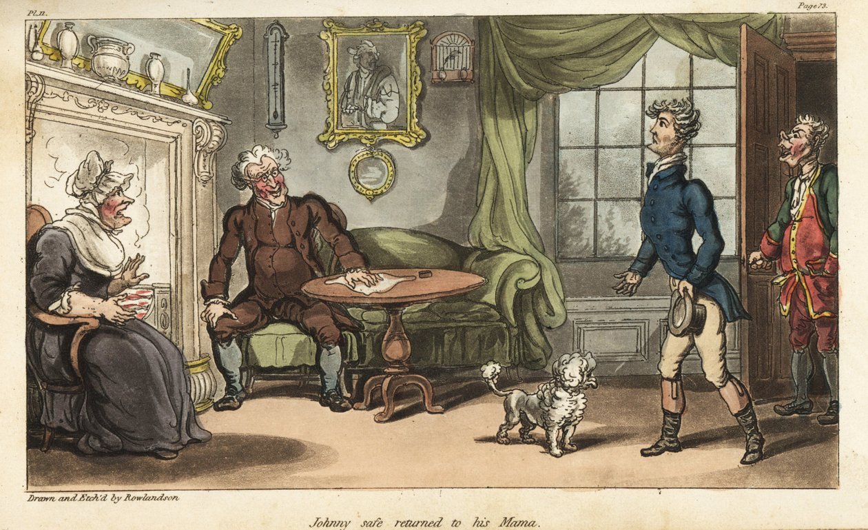 Ensign Johnny Newcome vender hjem til England på sykemelding fra Peninsula Campaign. Håndfarget kobberstikk tegnet og etset av Thomas Rowlandson fra oberst David Roberts' The Military Adventures of Johnny Newcome, Martin, London av Thomas Rowlandson