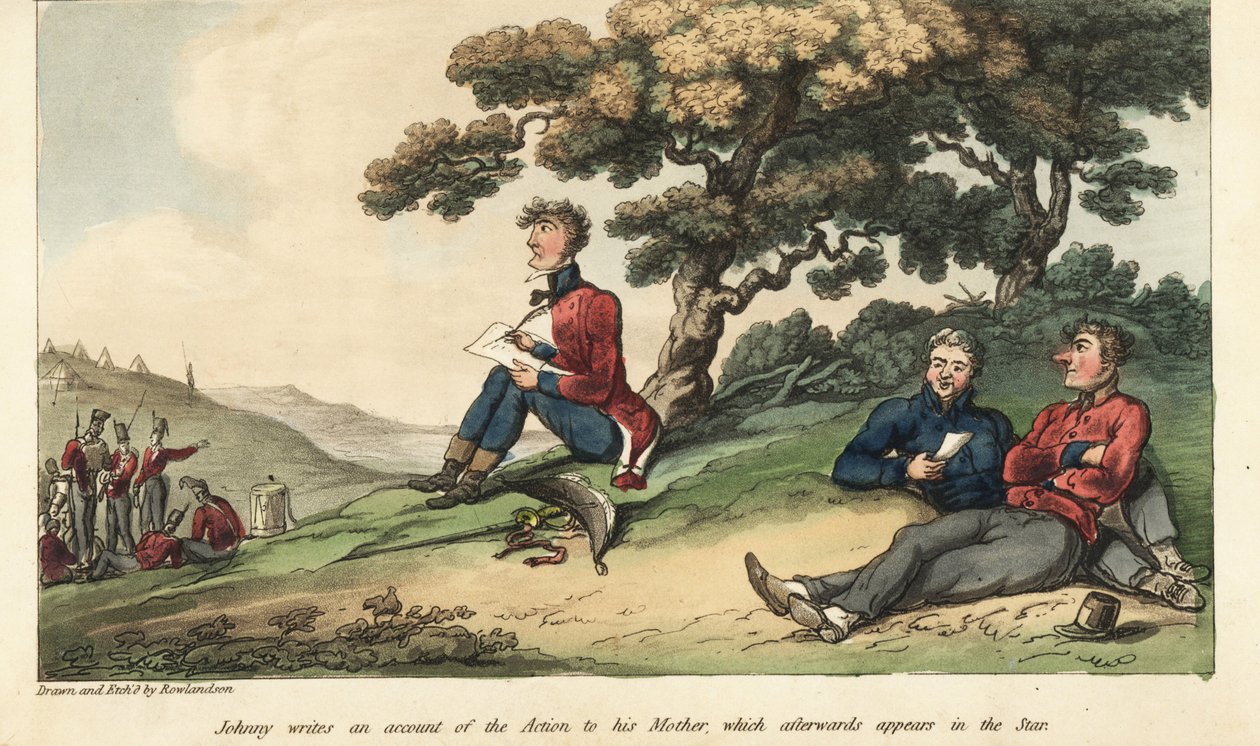 Ensign Johnny Newcome skriver et brev til sin mor som beskriver slaget ved Salamanca av Thomas Rowlandson