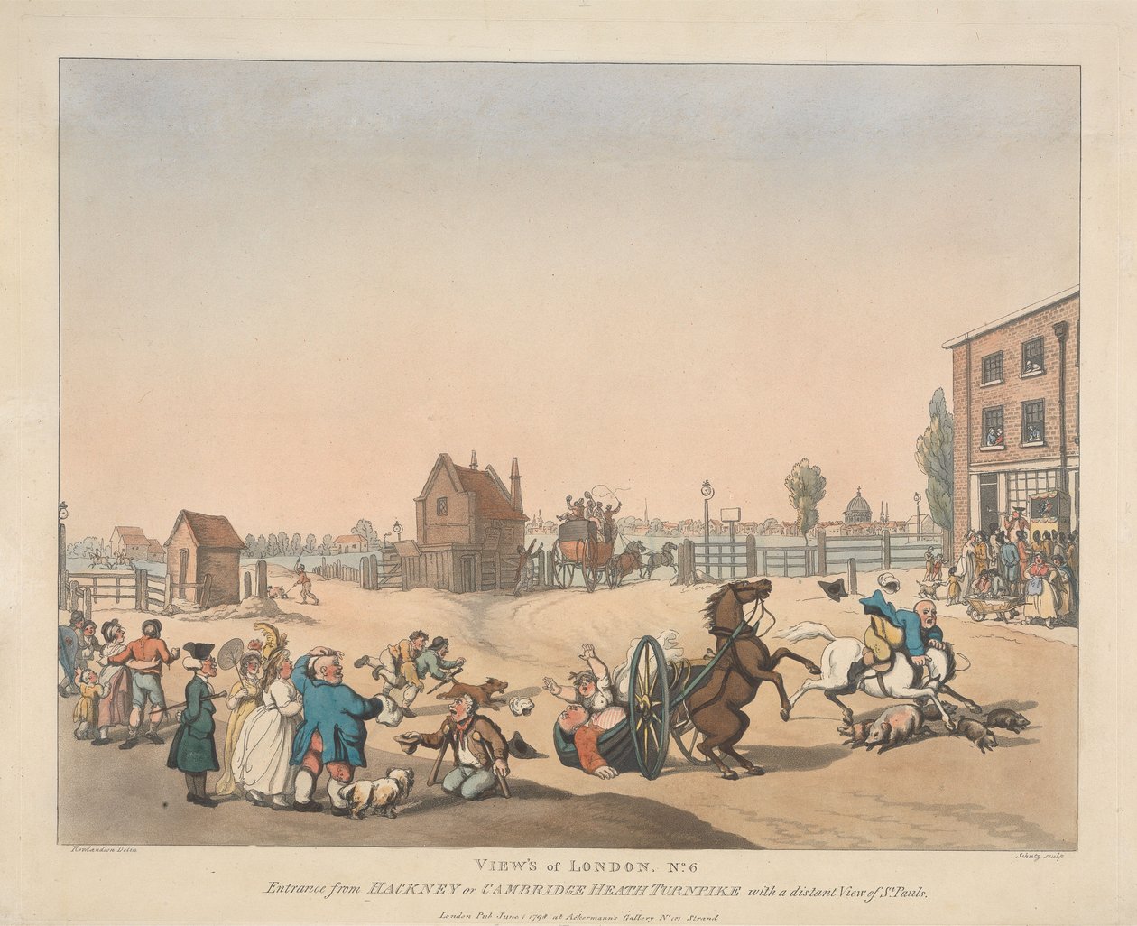 Inngang fra Hackney eller Cambridge Heath Turnpike (nr. 6) av Thomas Rowlandson