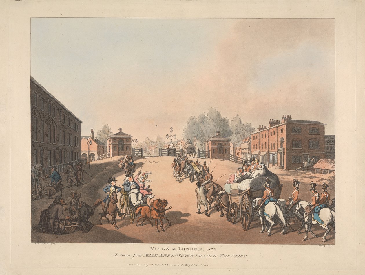 Inngang fra Mile End eller White Chapel Turnpike (nr. 5) av Thomas Rowlandson