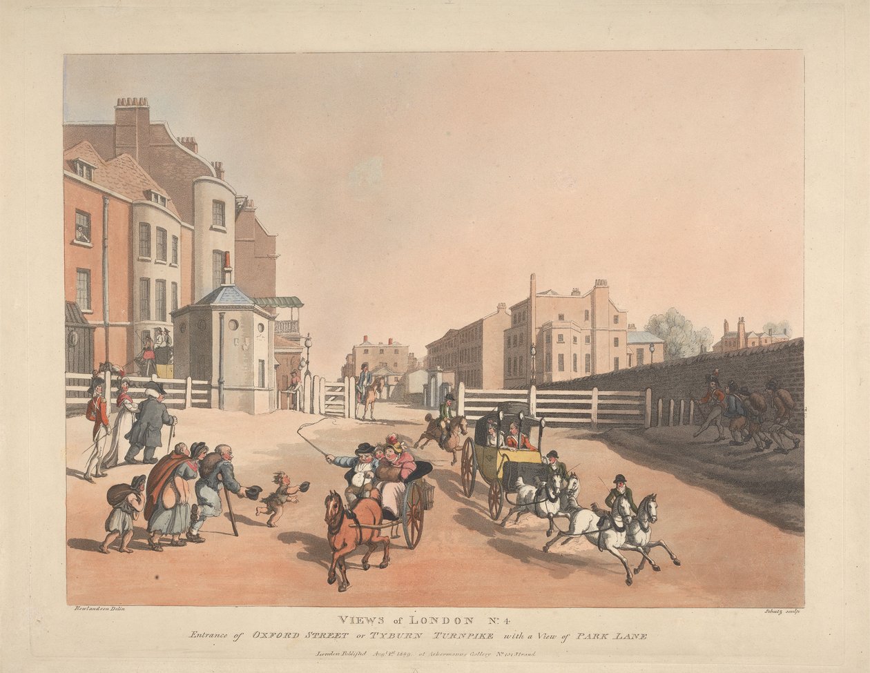 Inngangen til Oxford Street eller Tyburn Turnpike (nr. 4) av Thomas Rowlandson