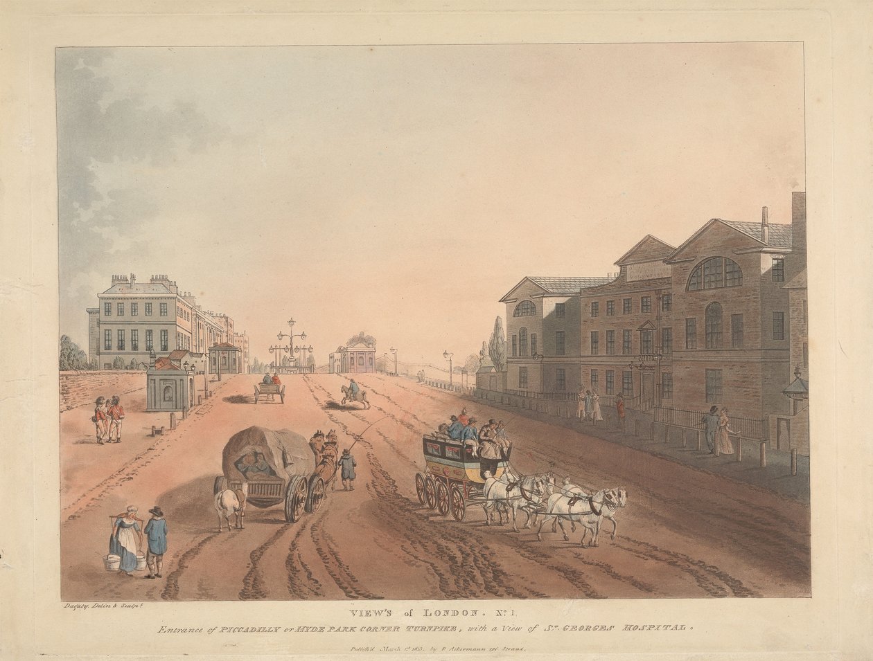 Inngangen til Piccadilly eller Hyde Park Corner Turnpike (nr. 1) av Thomas Rowlandson