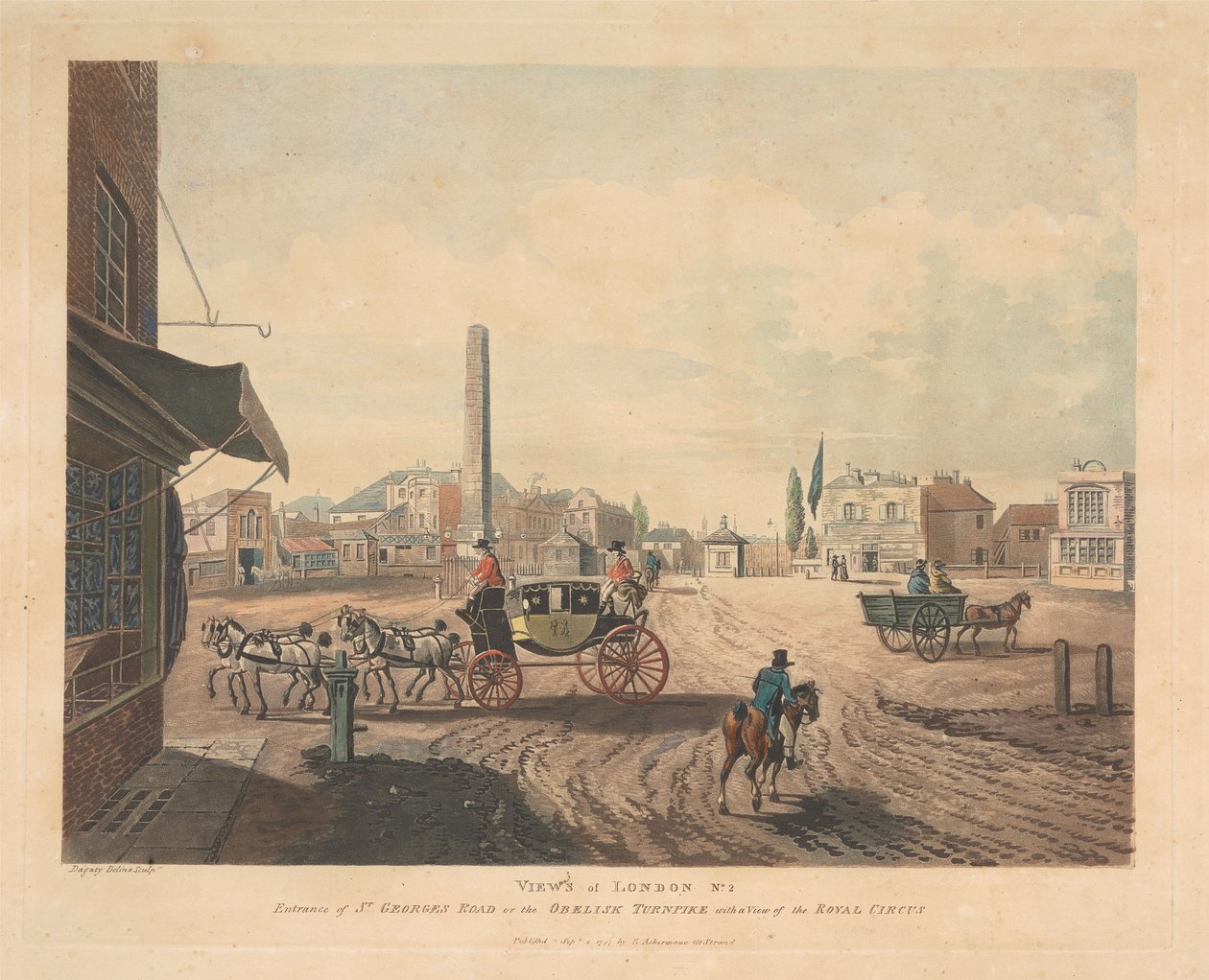 Inngangen fra St. Georges Road eller Obelisk Turnpike (nr. 2) av Thomas Rowlandson