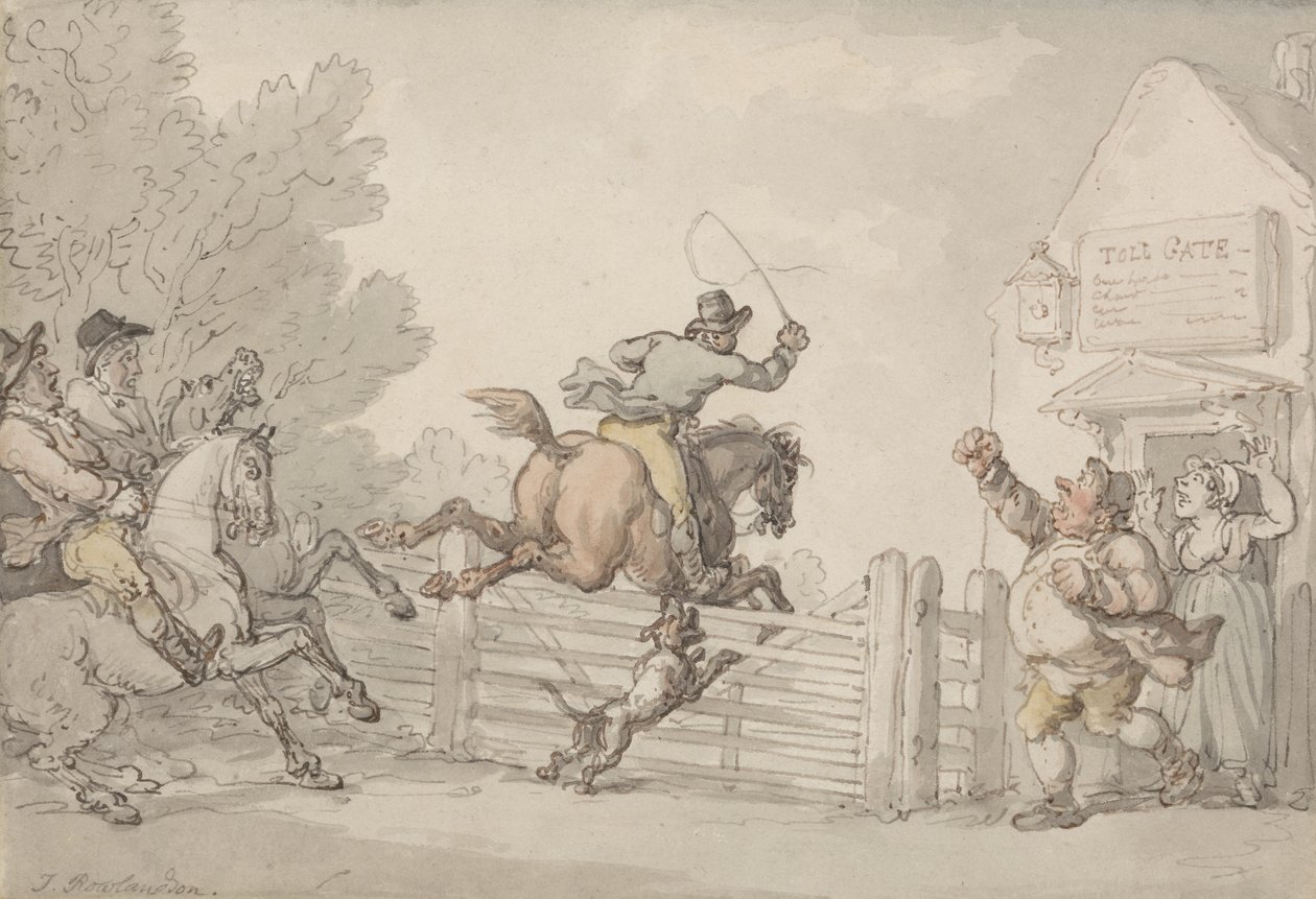Evading the Toll, ca. 1805-10 (grafitt, penn, blekk og m/c på papir) av Thomas Rowlandson