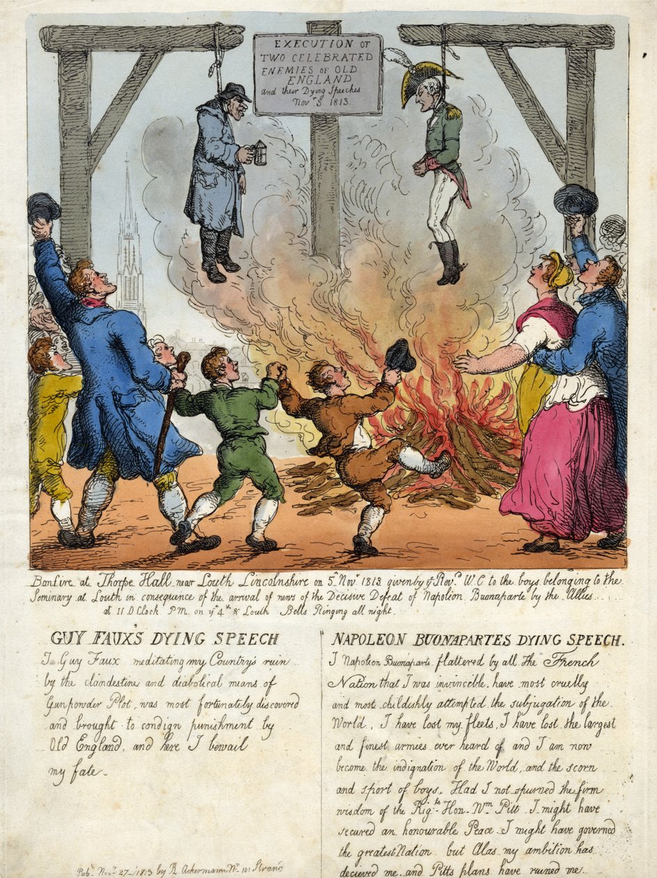 Henrettelse av to kjente fiender fra det gamle England, Guy Fawkes og Napoleon Buonaparte - Deres siste tale, på galgen. 1813. gravering. av Thomas Rowlandson