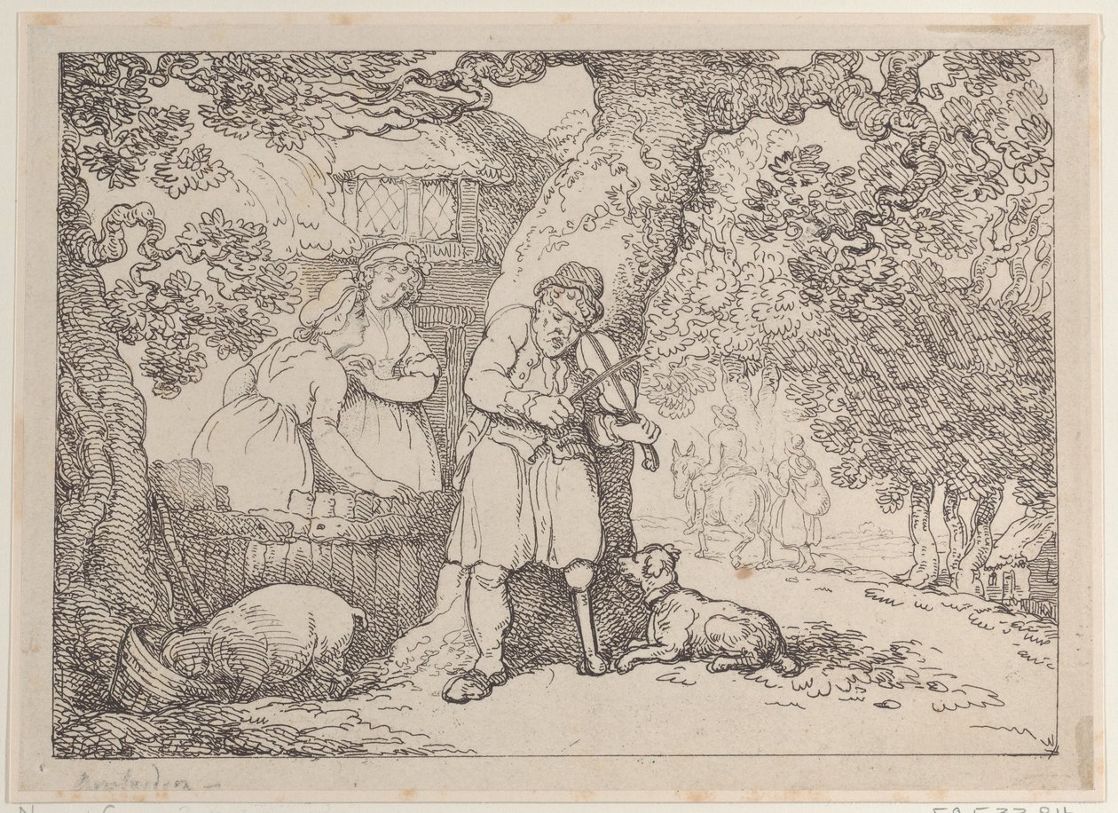 Spelemann, sjømann, to kvinner og en gris ved en hytte, 1816., 1816. av Thomas Rowlandson