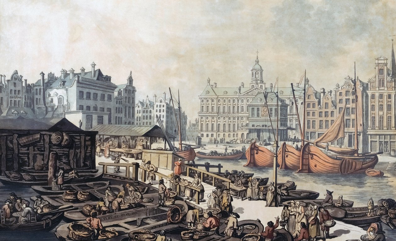 Fiskemarked, Dam-plassen, Amsterdam, Nederland av Thomas Rowlandson