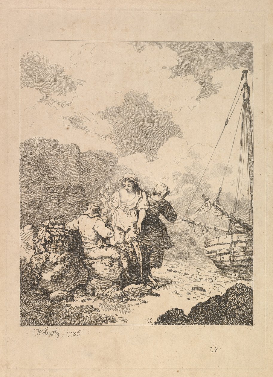 Fishermen by the Shore - Kystscene med en mann som sitter på steiner og røyker en pipe, Nex..., 1786. av Thomas Rowlandson