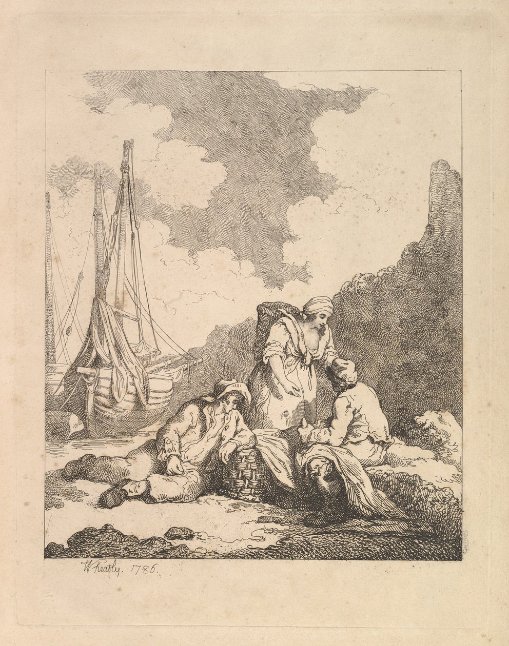 Fishermen by the Shore - Kystscene med en mann som sitter på bakken som hviler en albue o..., 1786. av Thomas Rowlandson