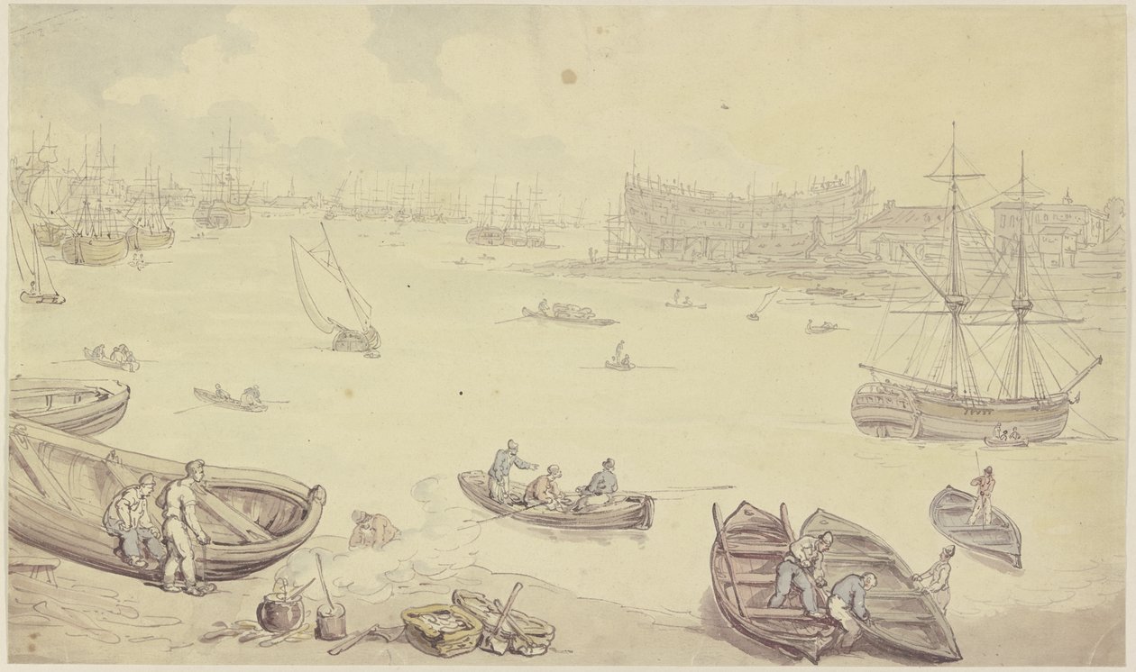 En elv med mange skip og et verft av Thomas Rowlandson