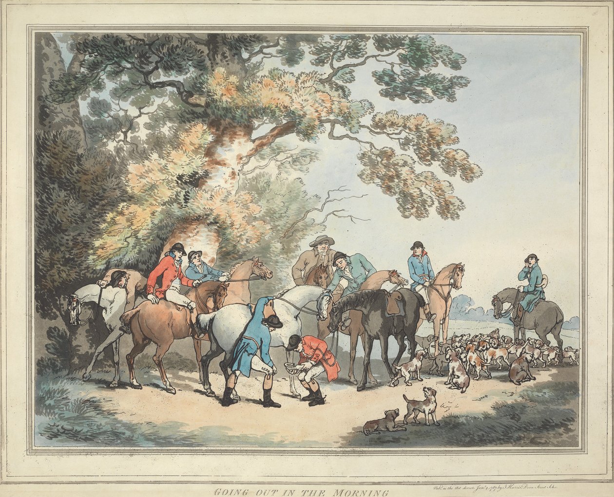 Rævjakt [serie på seks]: 1. På vei ut om morgenen av Thomas Rowlandson