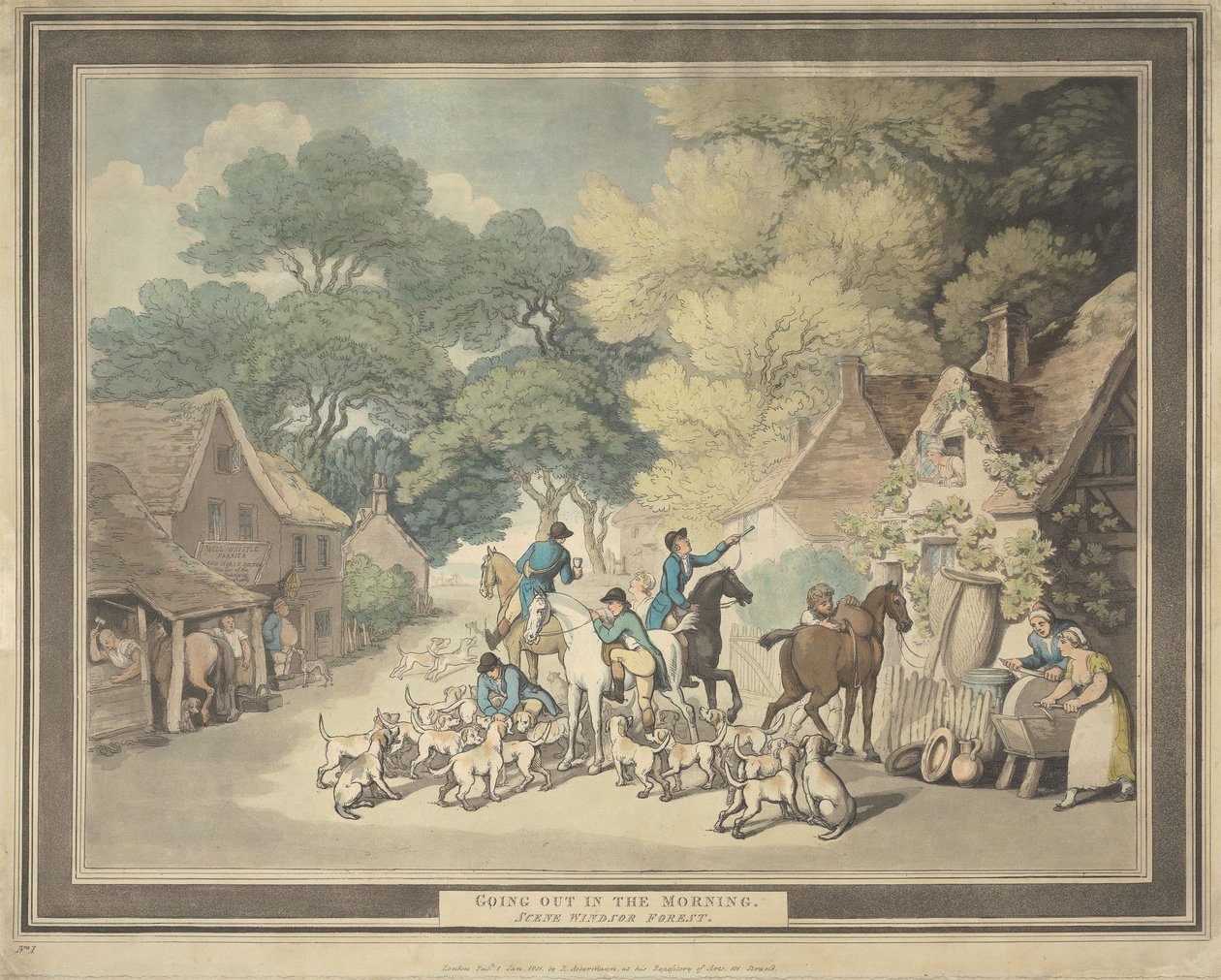 Rævjakt [serie på fire]: 1. Ut på morgenen. / Scene nær Windsor Forest av Thomas Rowlandson