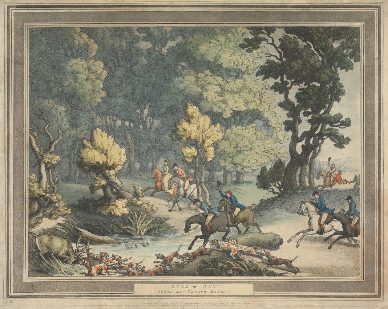 Rævjakt [serie på fire]:  2.  Hjort i trengsel. / Scene i nærheten av Taplow, Berks av Thomas Rowlandson