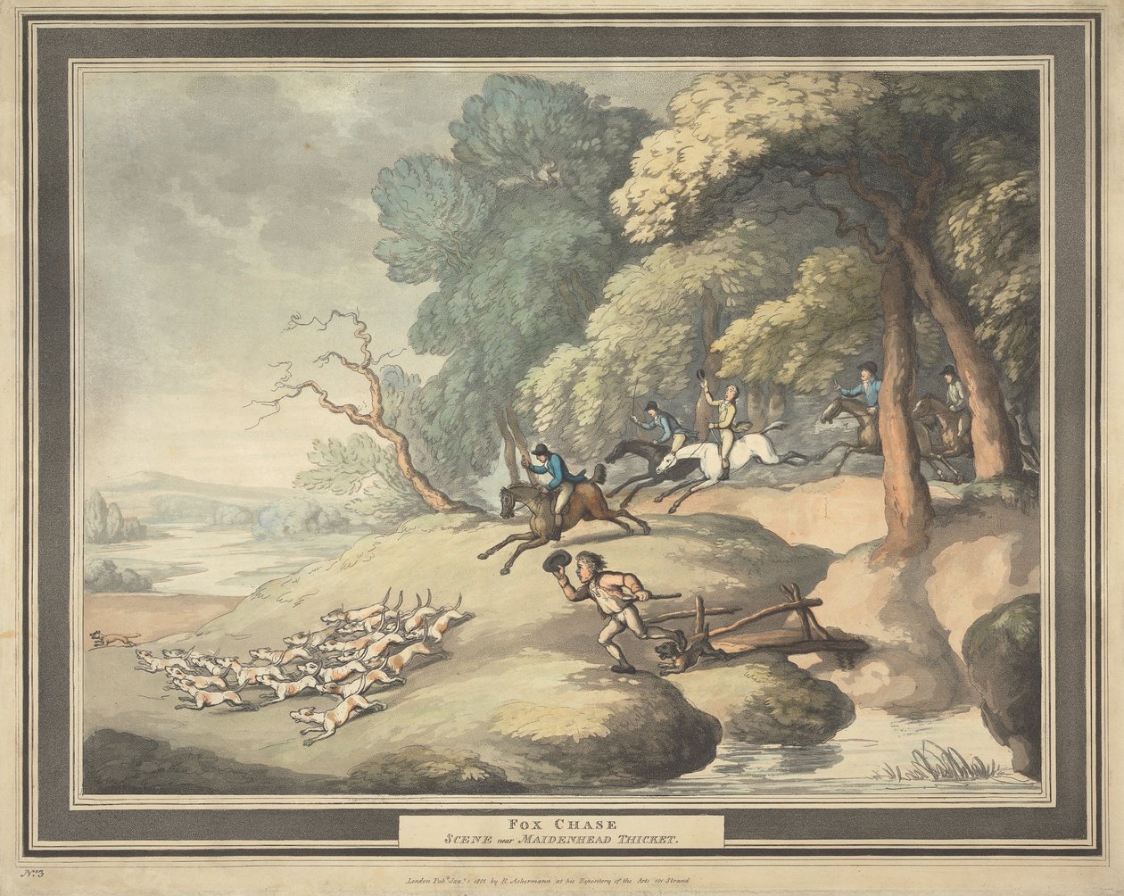 Rævjakt [serie på fire]:  3. Rævjakt / Scene ved Maidenhead-krattet av Thomas Rowlandson