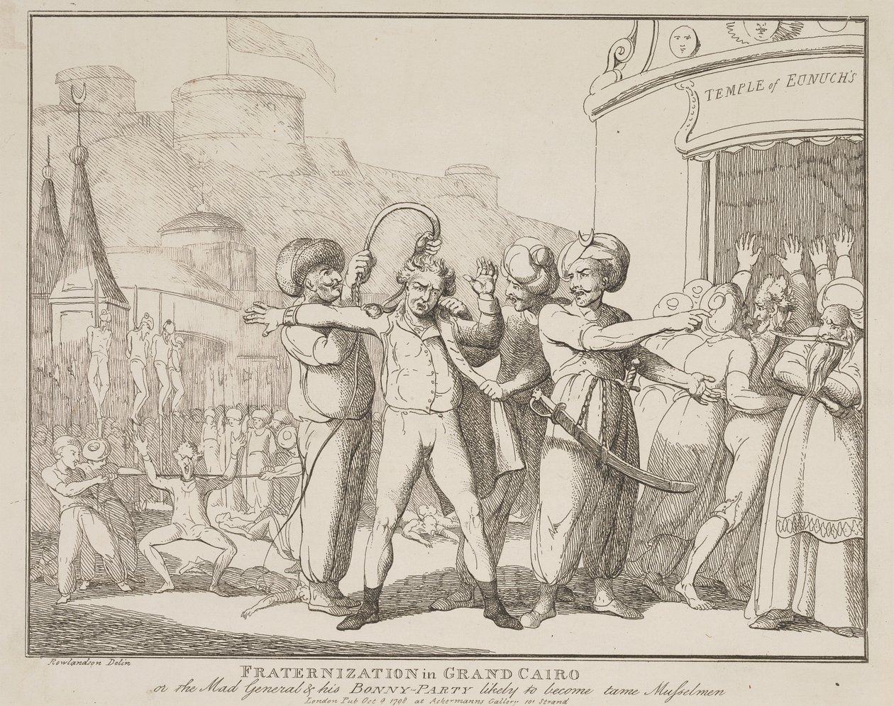 «Fraternisering i Grand Cairo» eller «Den gale generalen og hans festlige gjeng» – de vil trolig bli tamme muslimer av Thomas Rowlandson