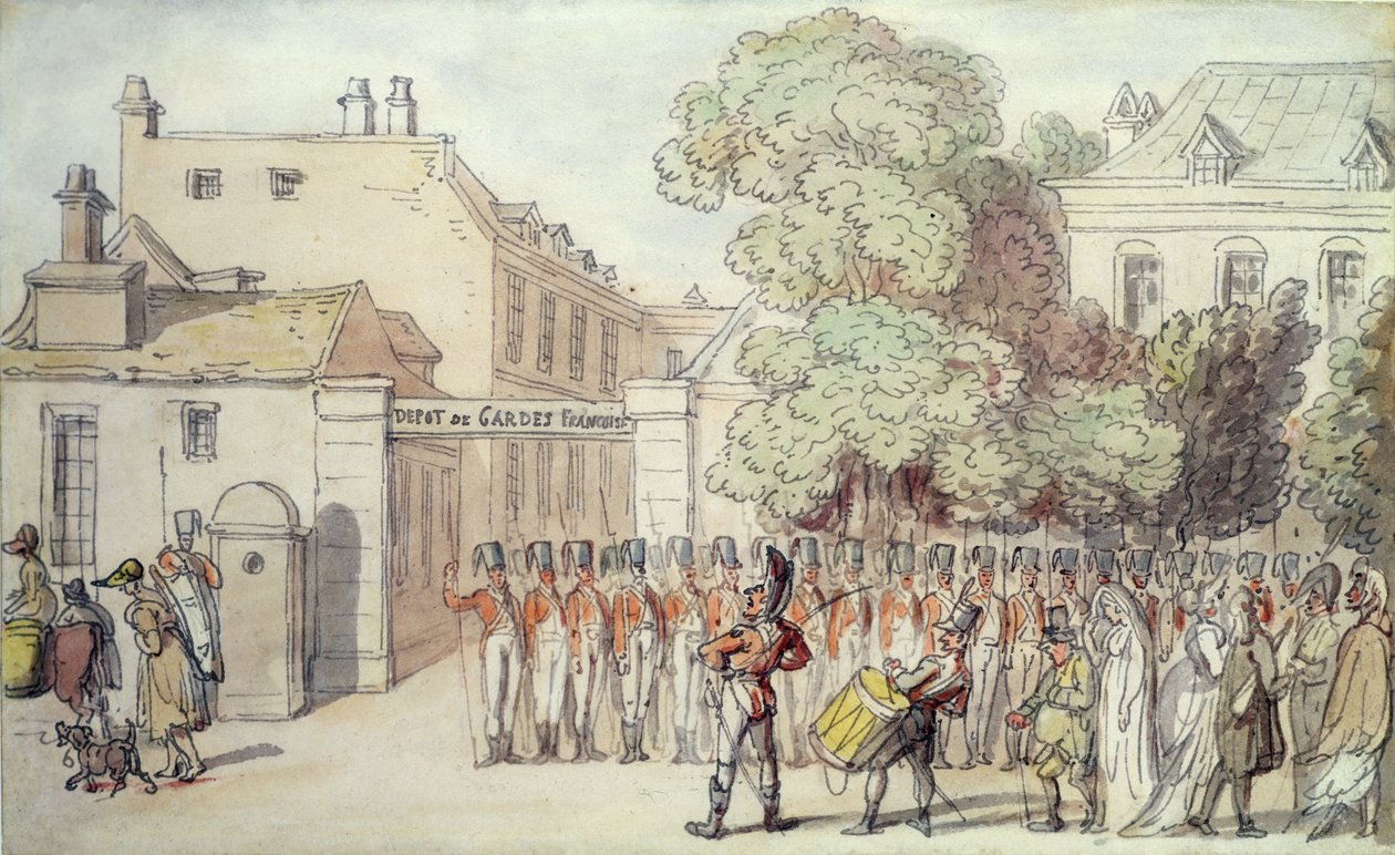 Franske soldater på parade (penn og akvarell på papir) av Thomas Rowlandson