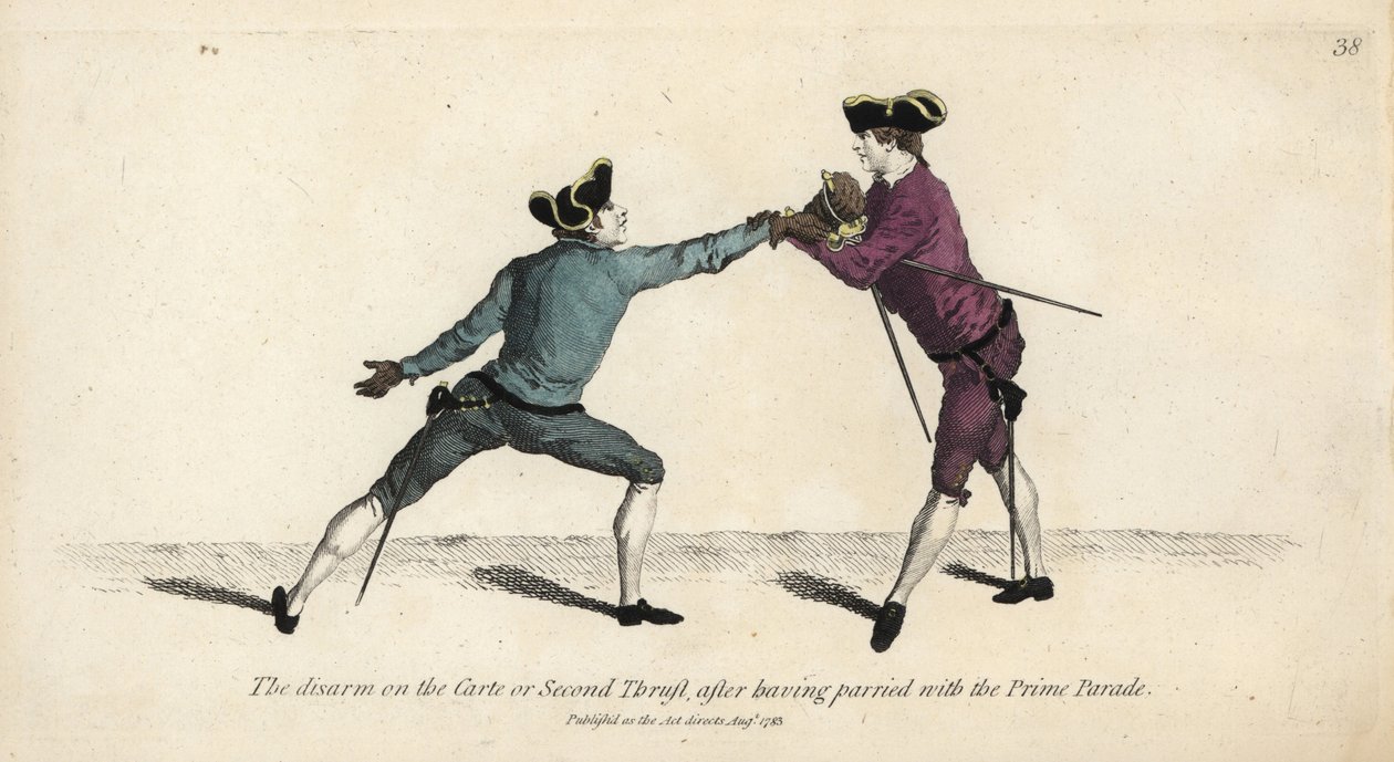 Gentleman fekter avvæpner motstanderen på Carte eller Second Thrust, etter å ha parert med Prime Parade. Håndfarget kobberstikk etter en illustrasjon av Thomas Rowlandson fra Mr. Domenico Angelo's The School of Fencing, London av Thomas Rowlandson
