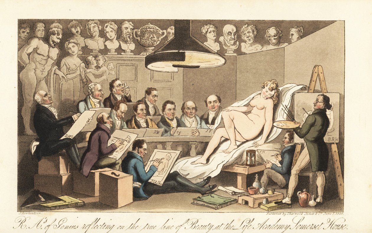 Georgiske kunstnere, inkludert Benjamin West, Thomas Lawrence, Benjamin Haydon, Joseph Farrington, Richard Westall og Martin Archer Shee, tegner en nakenmodell, mens klassiske byster ser ned. Royal Academicians of Genius reflekterer over den sanne skjønnhe av Thomas Rowlandson