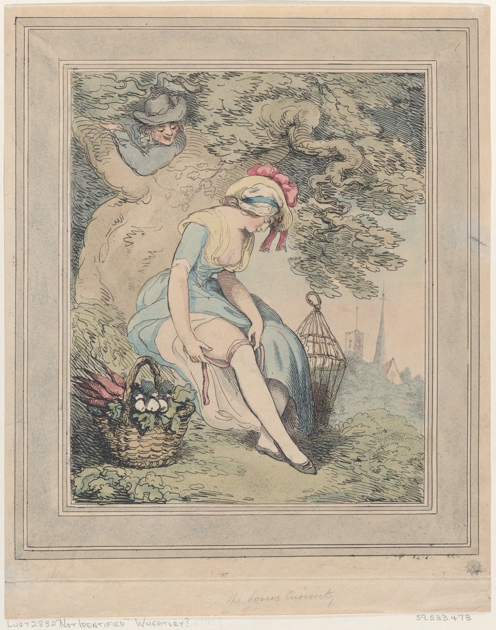 Jente med kurv og fuglebur som justerer strømpebåndet, 1785-95., 1785-95. av Thomas Rowlandson